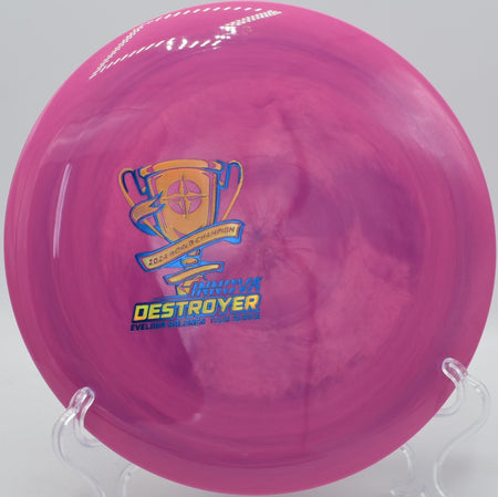 Ohn Scoggins Proto Glow Halo Champion Destroyer flying down the fairway at Maple Hill Disc Golf Course in Leicester, Massachusetts, showcasing elite disc golf distance and stability