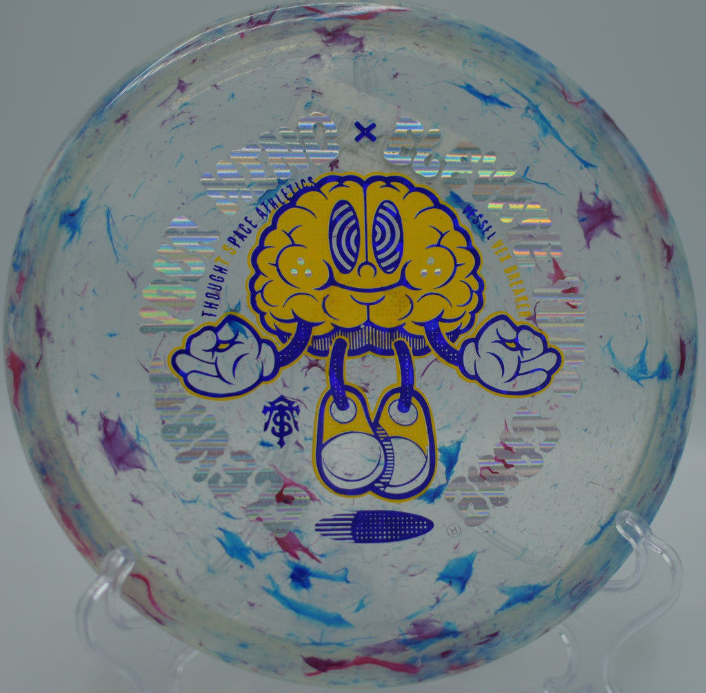 Vex Breaker Vessel flying long and straight through wooded lanes at Iron Hill Disc Golf Course in Newark, Delaware.