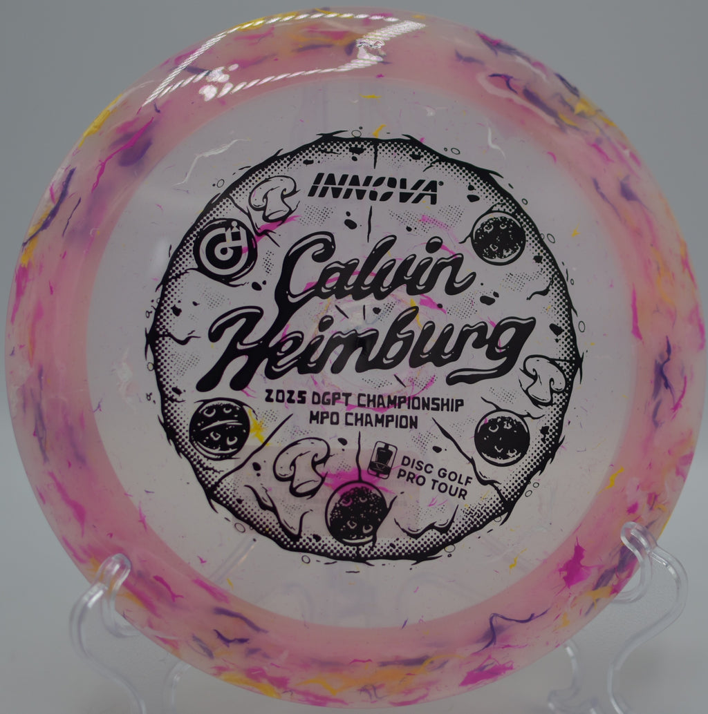 Innova Party Time Destroyer flying long and flat through palm-lined fairways at Cliff Stephens Park Disc Golf Course in Clearwater, Florida.