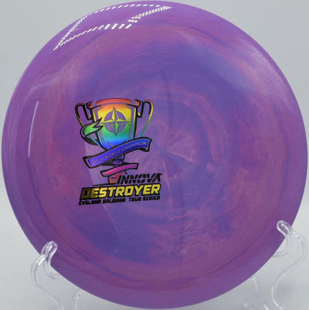 Innova Proto Glow Halo Champion Destroyer Tour Series driver photographed at DeLaveaga Disc Golf Course in Santa Cruz, California, ideal for power forehand and backhand shots