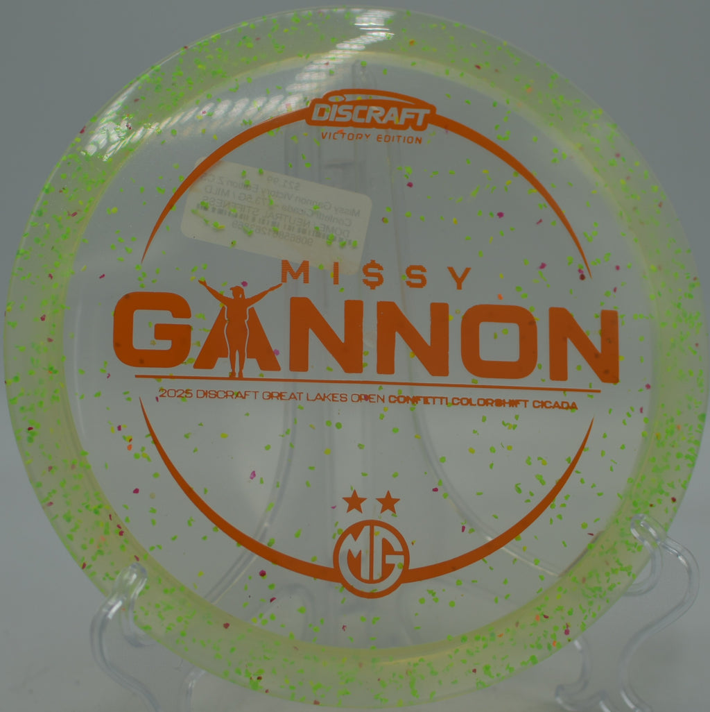 Missy Gannon Victory Edition Confetti Cicada carving a straight tunnel line at Idlewild Disc Golf Course in Burlington, Kentucky.