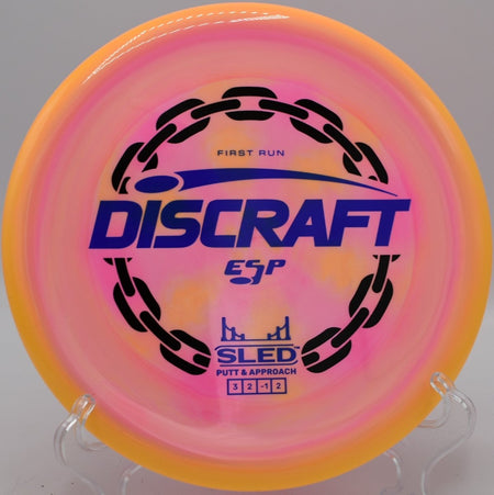 Discraft ESP First Run Sled glidey putter upshot on wooded green at Milo McIver State Park Disc Golf Course in Estacada, Oregon