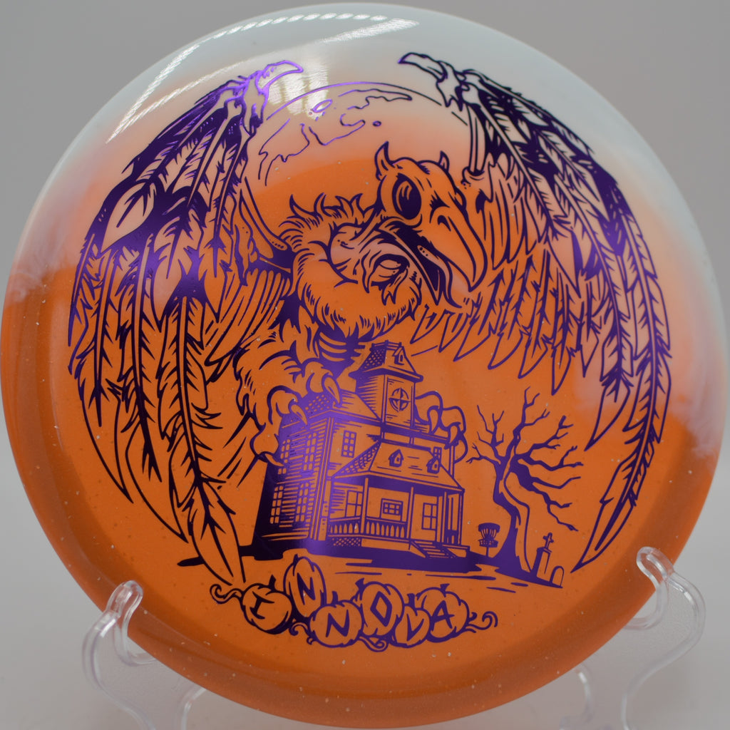 Halloween Duo Roc3 midrange thrown on a flat release at Sabattus Disc Golf Course in Sabattus, Maine.