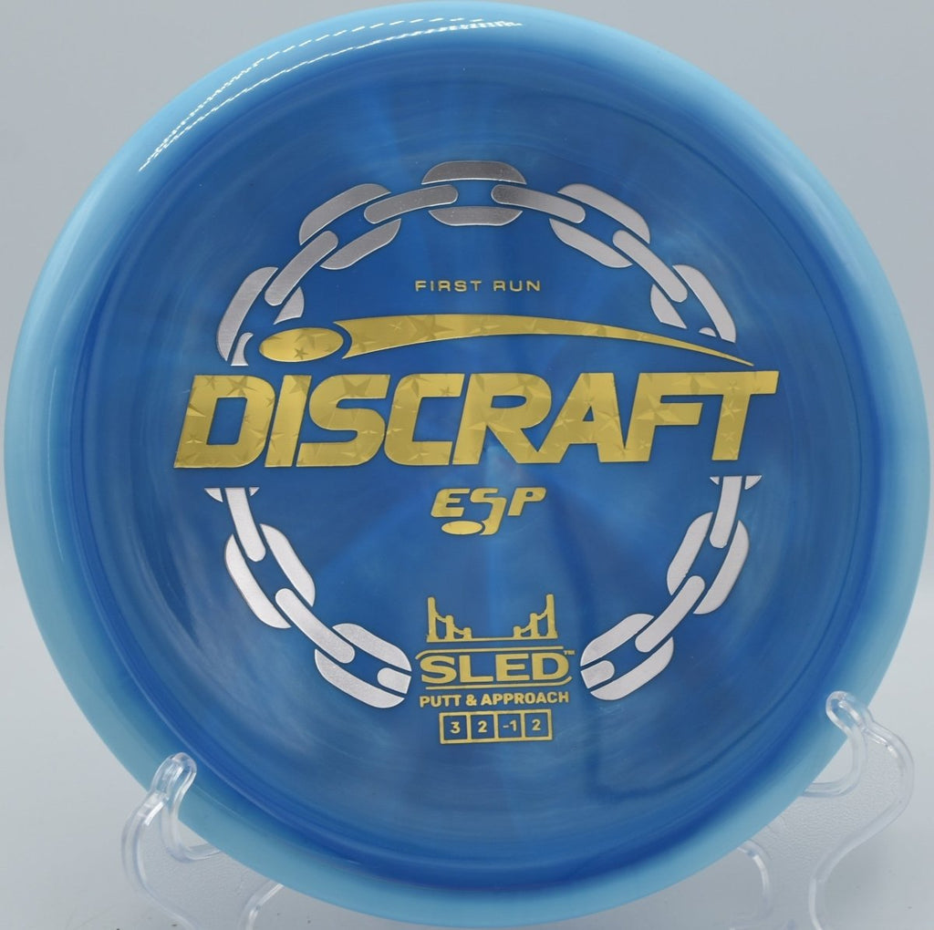 Discraft First Run ESP Sled stable putter approach finishing softly at Rolling Pines Disc Golf Course in Wilkesboro, North Carolina