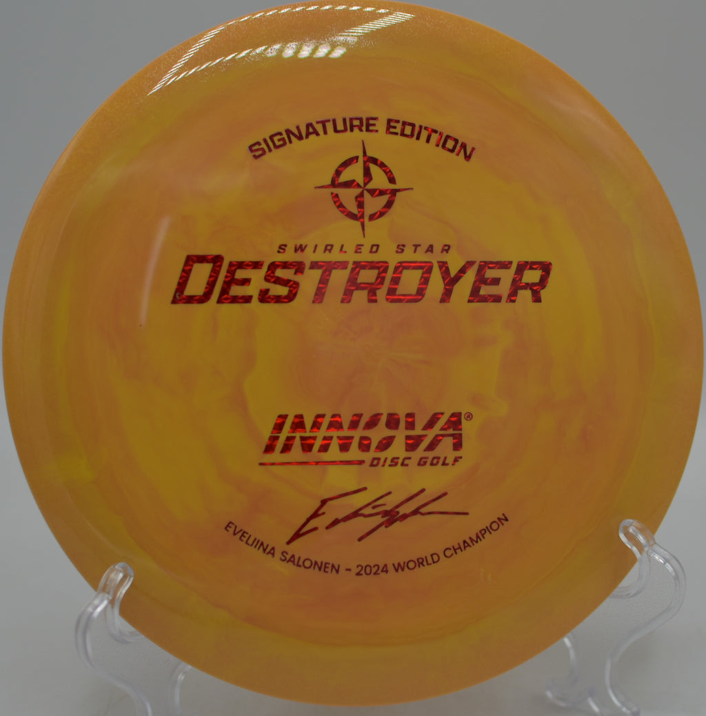 Player unleashing a full-power drive with the Eveliina Salonen Swirled Star Destroyer at Golden Gate Park Disc Golf Course in San Francisco, California.