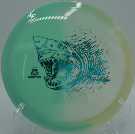 Glow-charged Retina Chemtrail resting on the tee at Iron Hill Disc Golf Course in Newark, DE, perfect for turnover lines in night rounds.