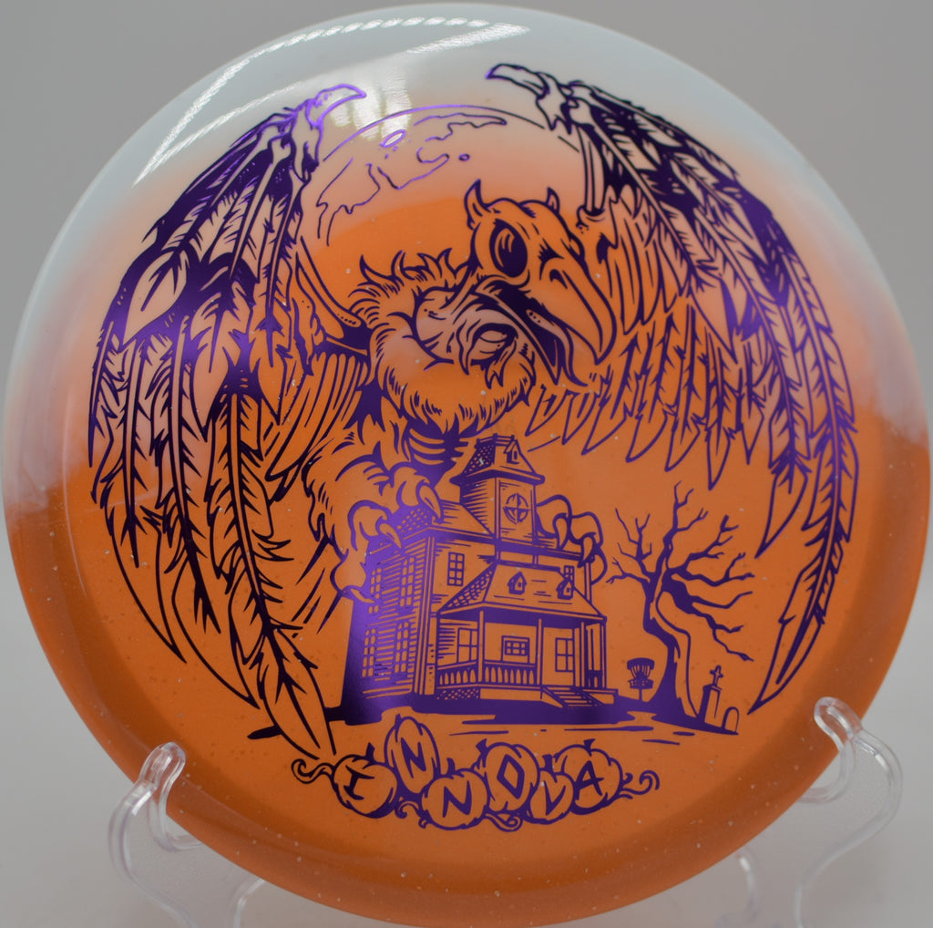 Innova Halloween Duo Roc3 gliding smooth on a turnover line at Circle C Metro Park Disc Golf Course in Austin, Texas.
