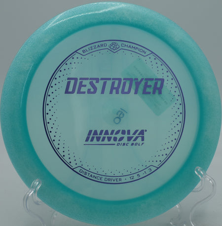 Blizzard Champion Destroyer distance driver gliding downhill at Northwood Black Disc Golf Course in Morton, Illinois