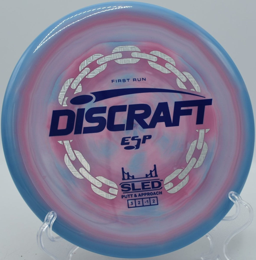 ESP First Run Sled straight tunnel approach disc at Woodland Valley Disc Golf Course in Limerick, Maine