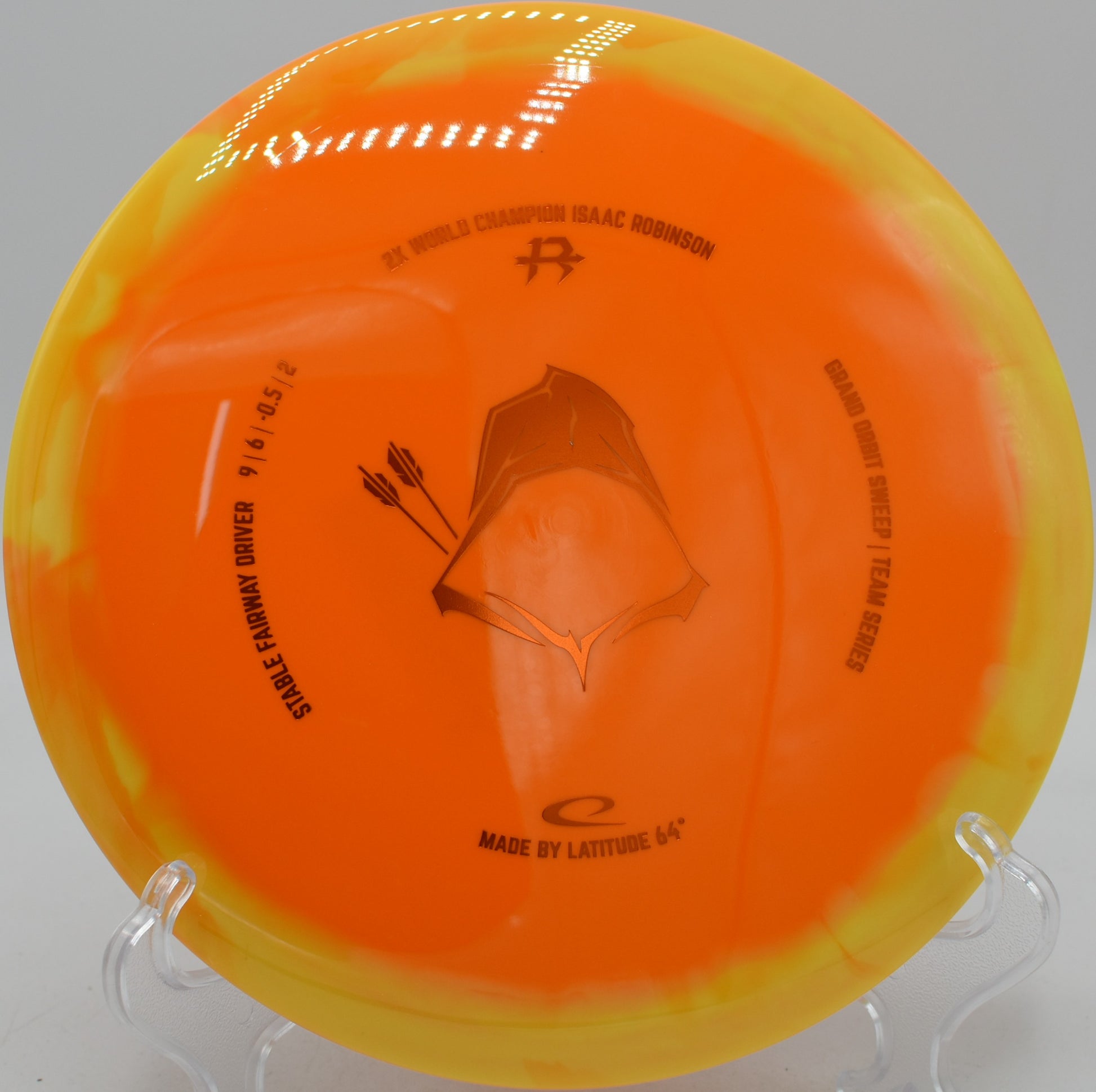 Grand Orbit Sweep Latitude 64° 2025 Isaac Robinson Team Series driver ripping down the fairway at Moraine State Park Disc Golf Course in Portersville, Pennsylvania.