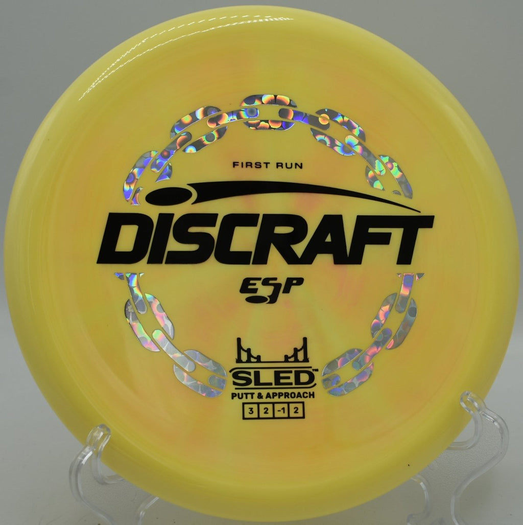 First Run ESP Sled controlled short drive on wooded hole at Lemon Lake Disc Golf Complex in Crown Point, Indiana