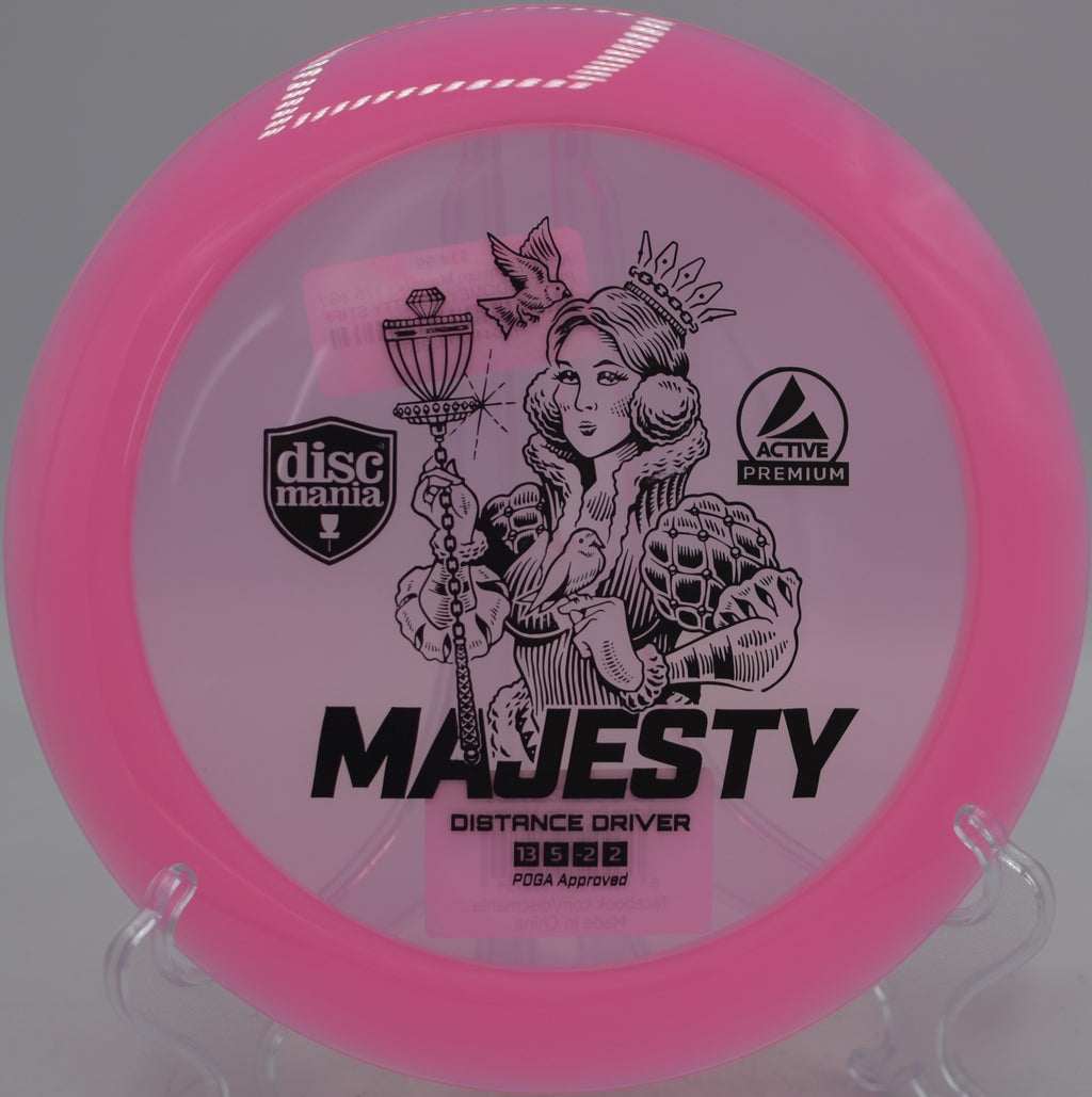 Player crushing a full-power backhand drive with the Premium Majesty at Milo McIver State Park Disc Golf Course in Estacada, Oregon.
