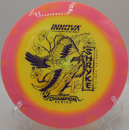 Innova Shryke understable bomber driver carving long turnover line at Idlewild Disc Golf Course in Burlington Kentucky