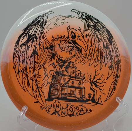 Innova Halloween Duo Roc3 released on a smooth forehand drive at Tyler State Park Disc Golf Course in Newtown, Pennsylvania.