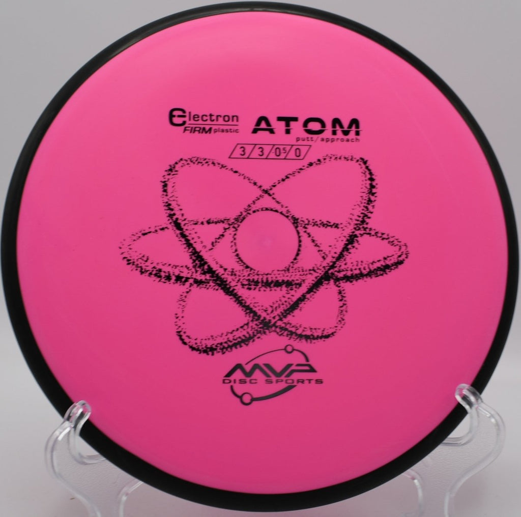 MVP Electron Firm Atom disc golf putter positioned for a straddle putt at Hutchinson Park Disc Golf Course in Norman, Oklahoma