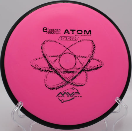 MVP Electron Firm Atom disc golf putter positioned for a straddle putt at Hutchinson Park Disc Golf Course in Norman, Oklahoma