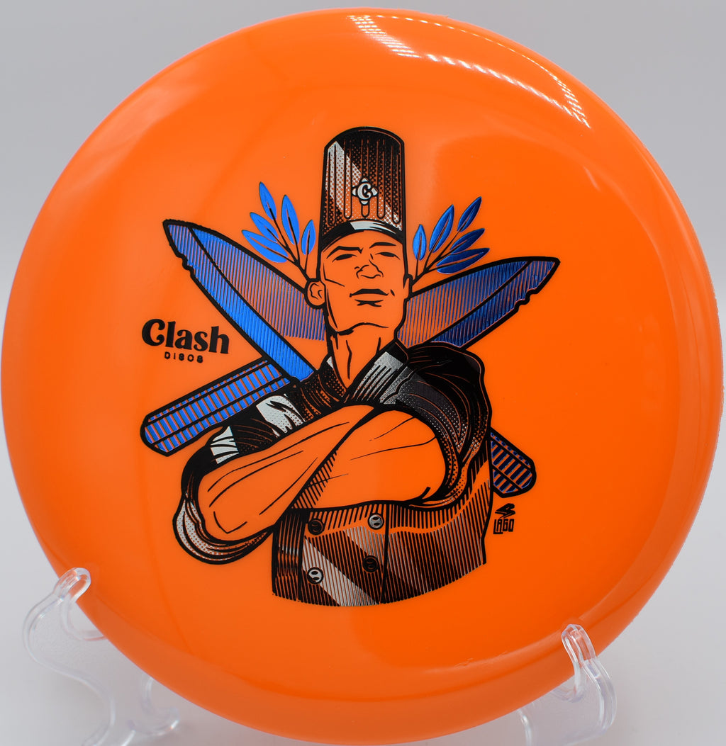Clash Discs Steady Peach gliding with ease toward the basket on Hole 10 at Trophy Club Disc Golf Course, Trophy Club, Texas.
