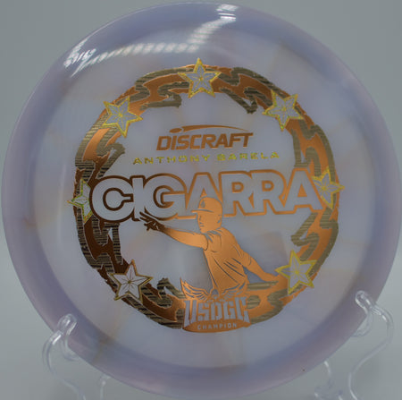 Z-Swirl Cigarra glowing with color at Reservoir Park DGC in Troy, NC, designed for glide-forward fairway control.