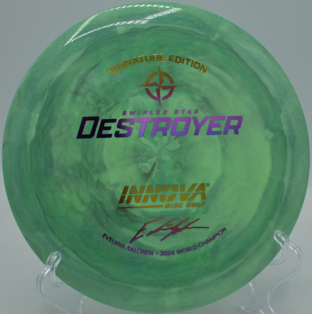 Eveliina Signature Swirled Star Destroyer crushing a distance drive at Lake Casitas Disc Golf Course in Ventura, California.