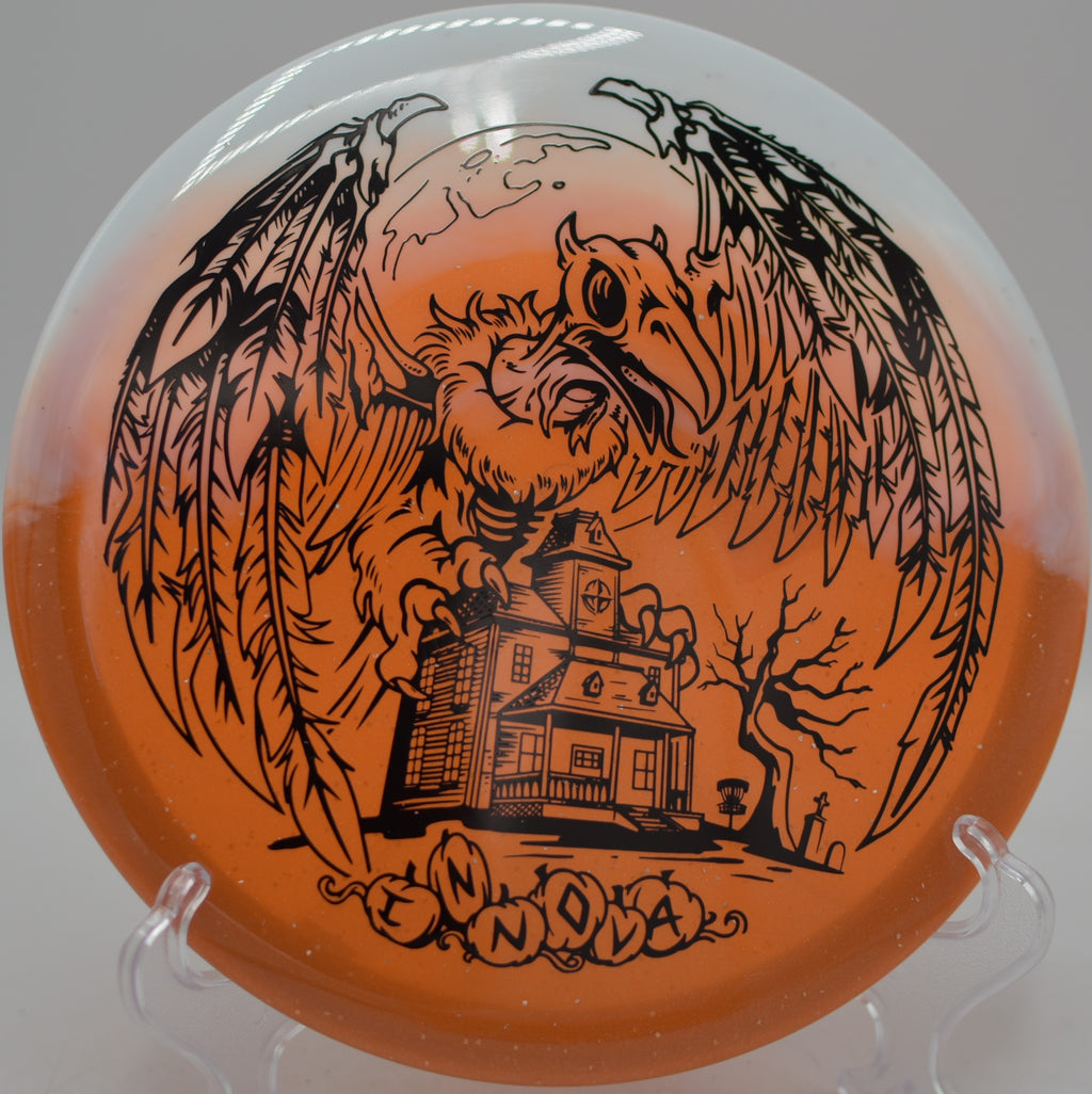 Halloween Duo Roc3 Mid-Range flying straight through tight woods at Hornets Nest East Course in Charlotte, North Carolina.