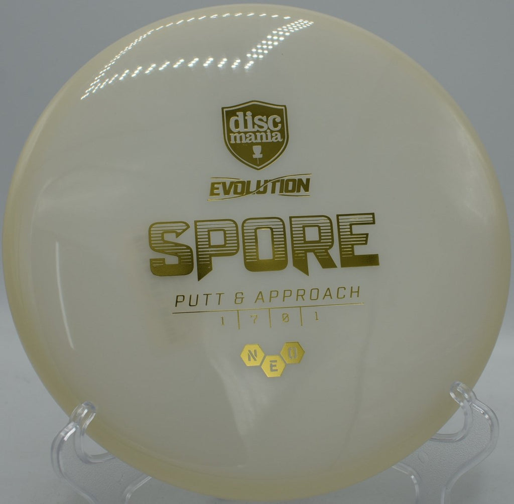 Neo Spore catch disc displayed at Milo McIver Disc Golf Course in Estacada, Oregon, designed for straight approaches and casual disc golf fun