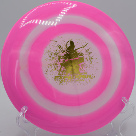 Gold Bullseye Explorer holding a perfect line off the tee at Sabattus Disc Golf Complex in Sabattus, Maine.

