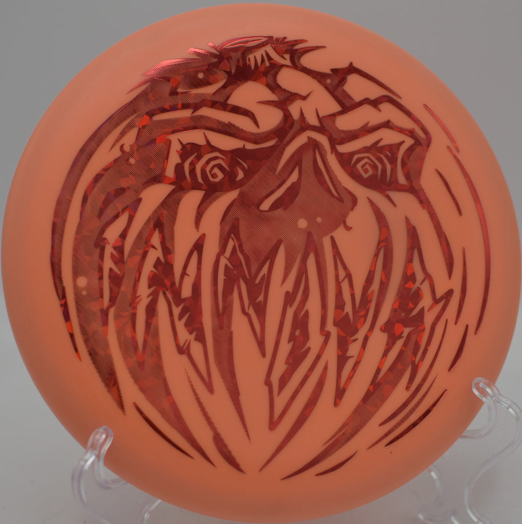 Innova Halloween Nexus Proto Glow Aviar glowing during a night round at Rollin Ridge Disc Golf Course in Reedsville, Wisconsin.