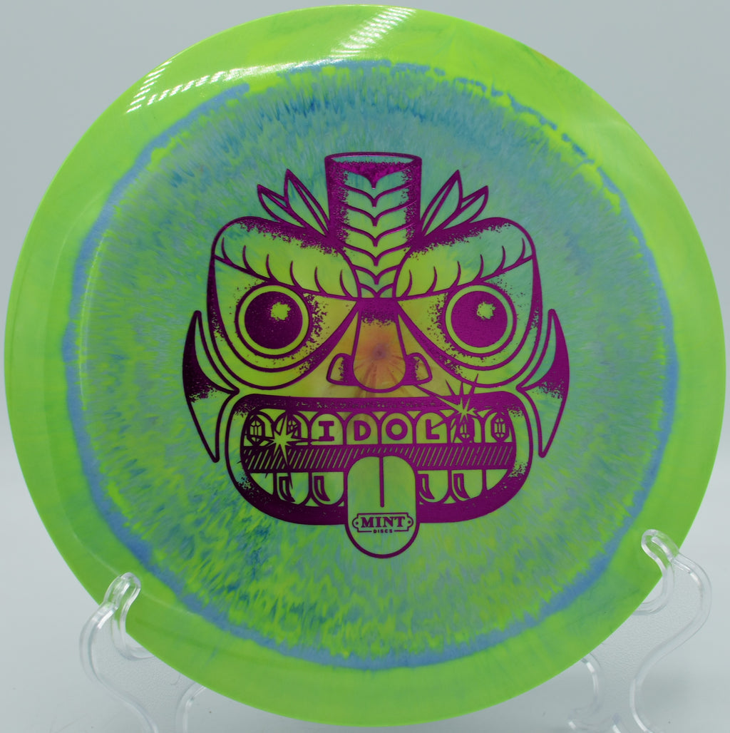 Mint Discs Idol distance driver in first run Apex plastic flying a powerful backhand at Eagles Crossing Disc Golf Course in Hawk Point, Missouri, with reliable fade and max distance