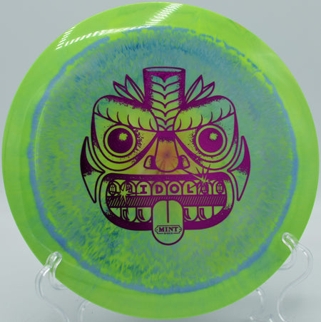 Mint Discs Idol distance driver in first run Apex plastic flying a powerful backhand at Eagles Crossing Disc Golf Course in Hawk Point, Missouri, with reliable fade and max distance