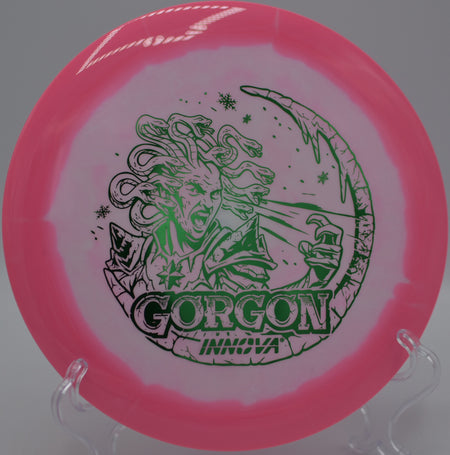 Innova Halo Star Gorgon Holiday Edition carving a flex line at Hornet’s Nest DGC in Charlotte, NC, fighting wind before fading back toward the target.