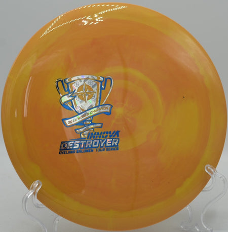 Proto Glow Halo Champion Destroyer distance driver featured at Milo McIver Disc Golf Course in Estacada, Oregon, delivering dependable fade for advanced disc golfers