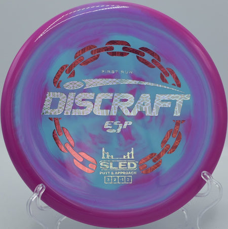 Discraft ESP First Run Sled precision putter drive at Eagles Crossing Disc Golf Course in Hawk Point, Missouri