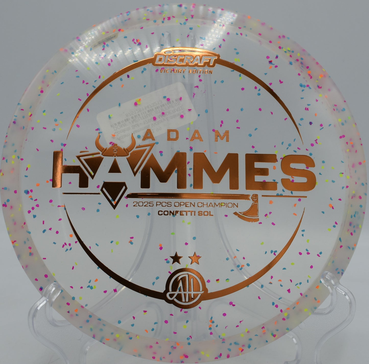 Discraft Sol in Adam Hammes Victory Edition turning right down the fairway at Harmony Bends, Missouri