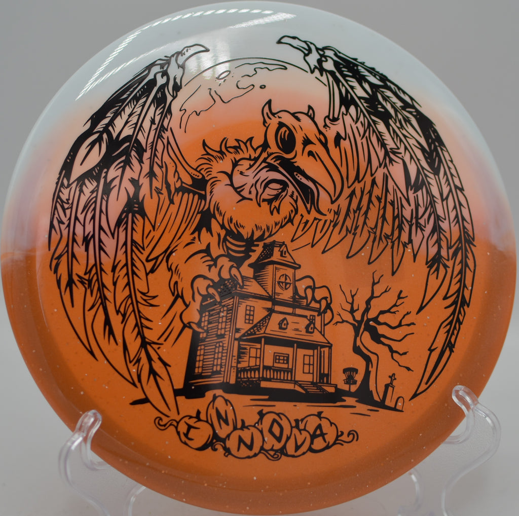 Innova Halloween Duo Roc3 parked after a hyzer approach at Lincoln Ridge Disc Golf Course in Independence, Kentucky.