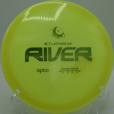 Latitude 64 Moonshine Opto River glowing fairway driver carving smooth line at Blue Ribbon Pines Disc Golf Course Minnesota