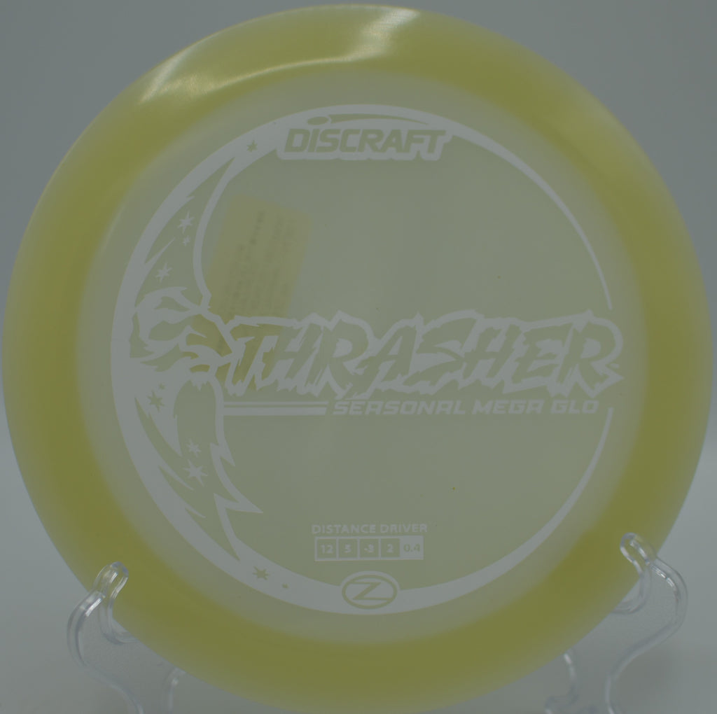 Mega Glow Z Thrasher released on a clean anhyzer at Hornets Nest Disc Golf Course in Charlotte, North Carolina.