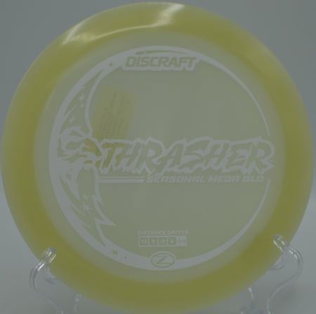 Mega Glow Z Thrasher released on a clean anhyzer at Hornets Nest Disc Golf Course in Charlotte, North Carolina.