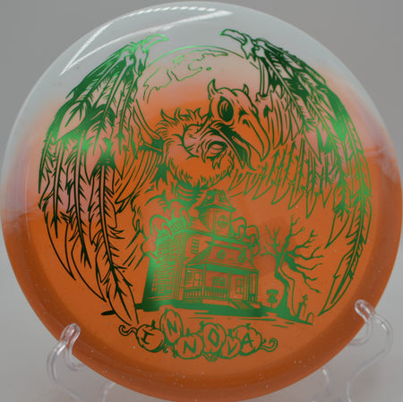 Halloween Duo Roc3 Mid-Range soaring flat with dependable fade at Milo McIver Disc Golf Course in Estacada, Oregon.