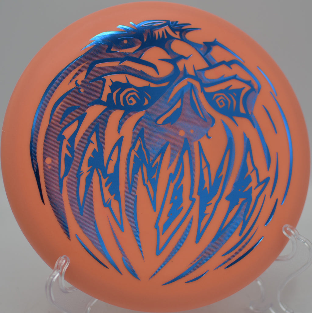 Special edition Halloween Nexus Proto Glow Aviar holding a straight putt at Fountain Hills Disc Golf Course in Fountain Hills, Arizona.