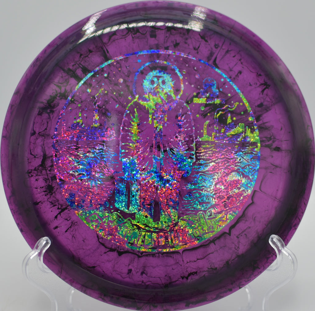 Doomsday Biohazard Ice Age launching a precision forehand at Big Sioux Rec Area DGC in Brandon, SD, staying stable through the entire flight.