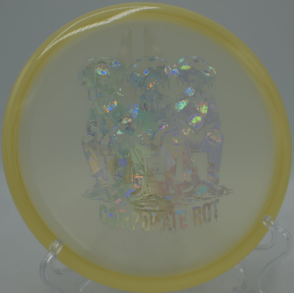 Glow Isolation Rot beaded putter parked on a laser-straight release at Tyler State Park Disc Golf Course in Newtown, Pennsylvania.