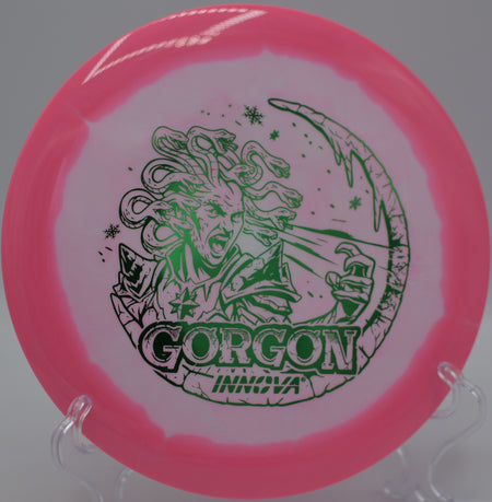Halo Gorgon Holiday Edition executing a clean forehand shot at Heritage Park DGC in St. Joseph, MO, holding angle then fading reliably.
