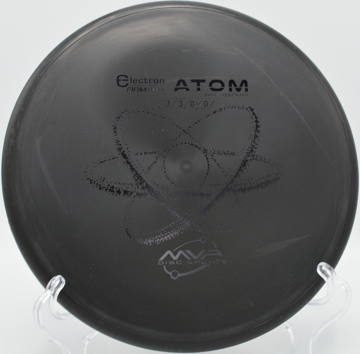 Electron Firm Atom putter resting near chains after a glidey approach at Flaherty Park Disc Golf Course in Wake Forest, North Carolina