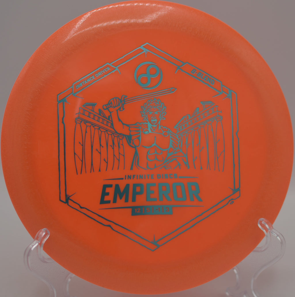 Infinite G-Blend Emperor pushing a tailwind distance shot at Victory Park DGC in Albion, MI, flipping to flat and carrying deep down the fairway.