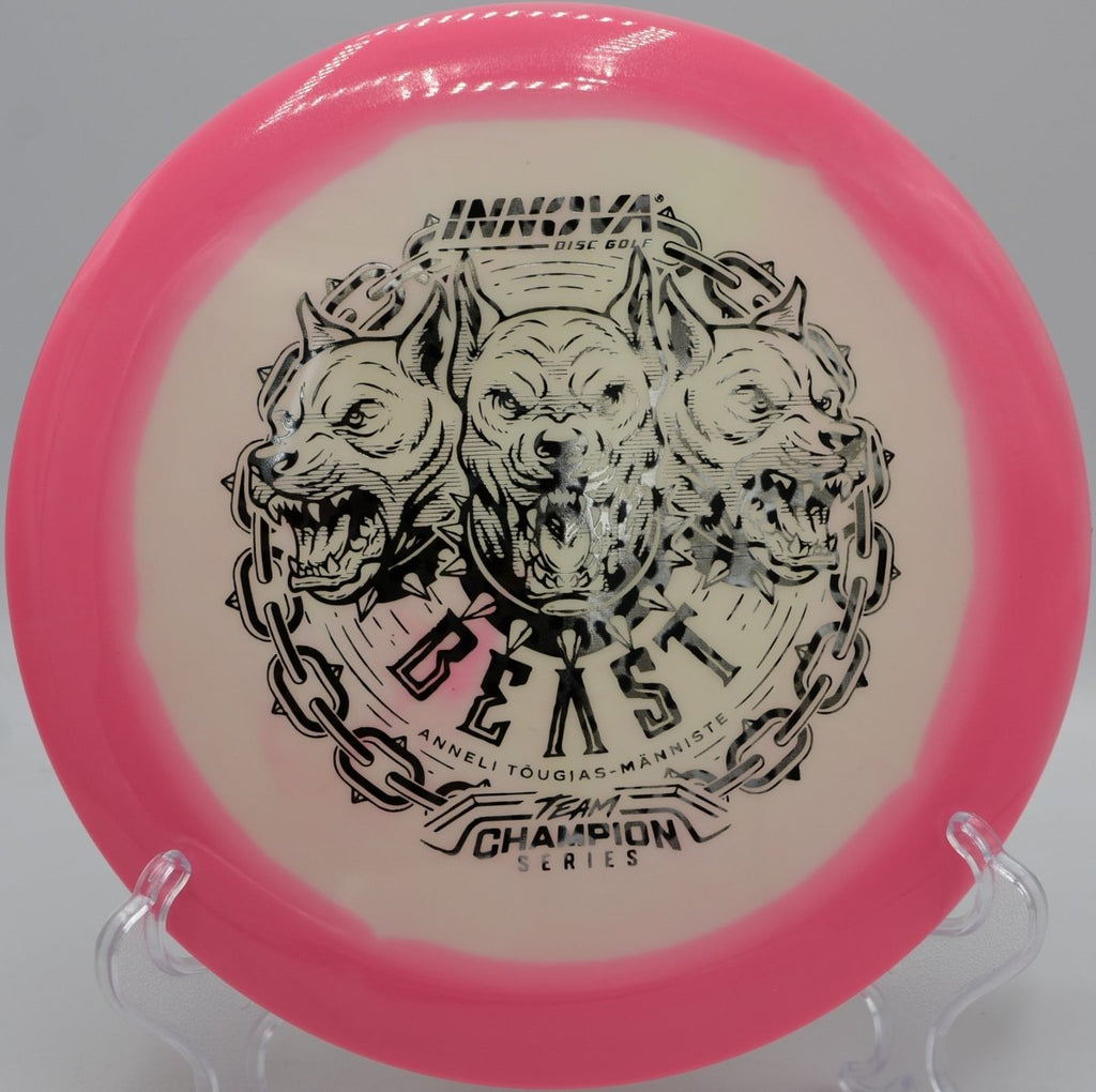 Innova ProtoGlow Halo Star Beast distance driver launching glide at Roy G Guerrero Disc Golf Course in Austin Texas