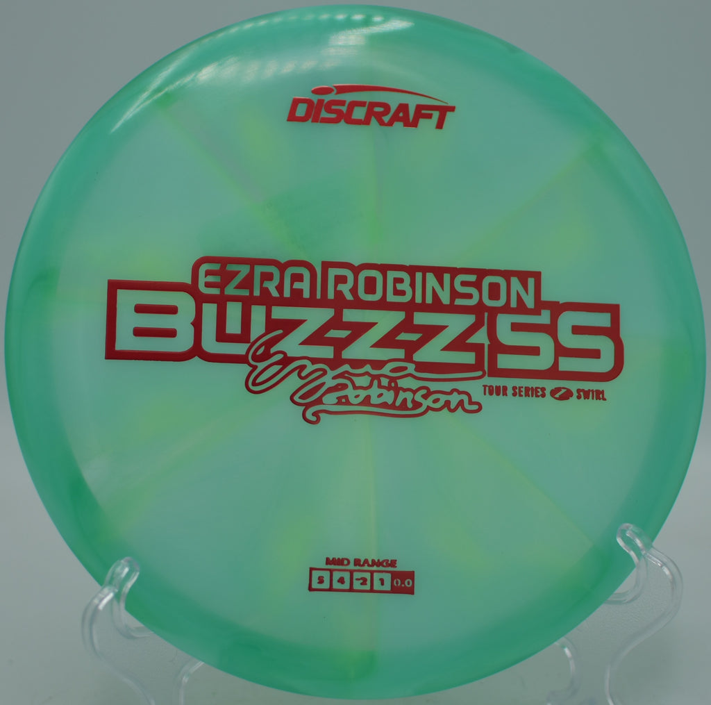 2025 Discraft Z Swirl Buzzz SS Ezra Robinson floating smooth and straight at Hornets Nest Disc Golf Course in Charlotte, North Carolina.