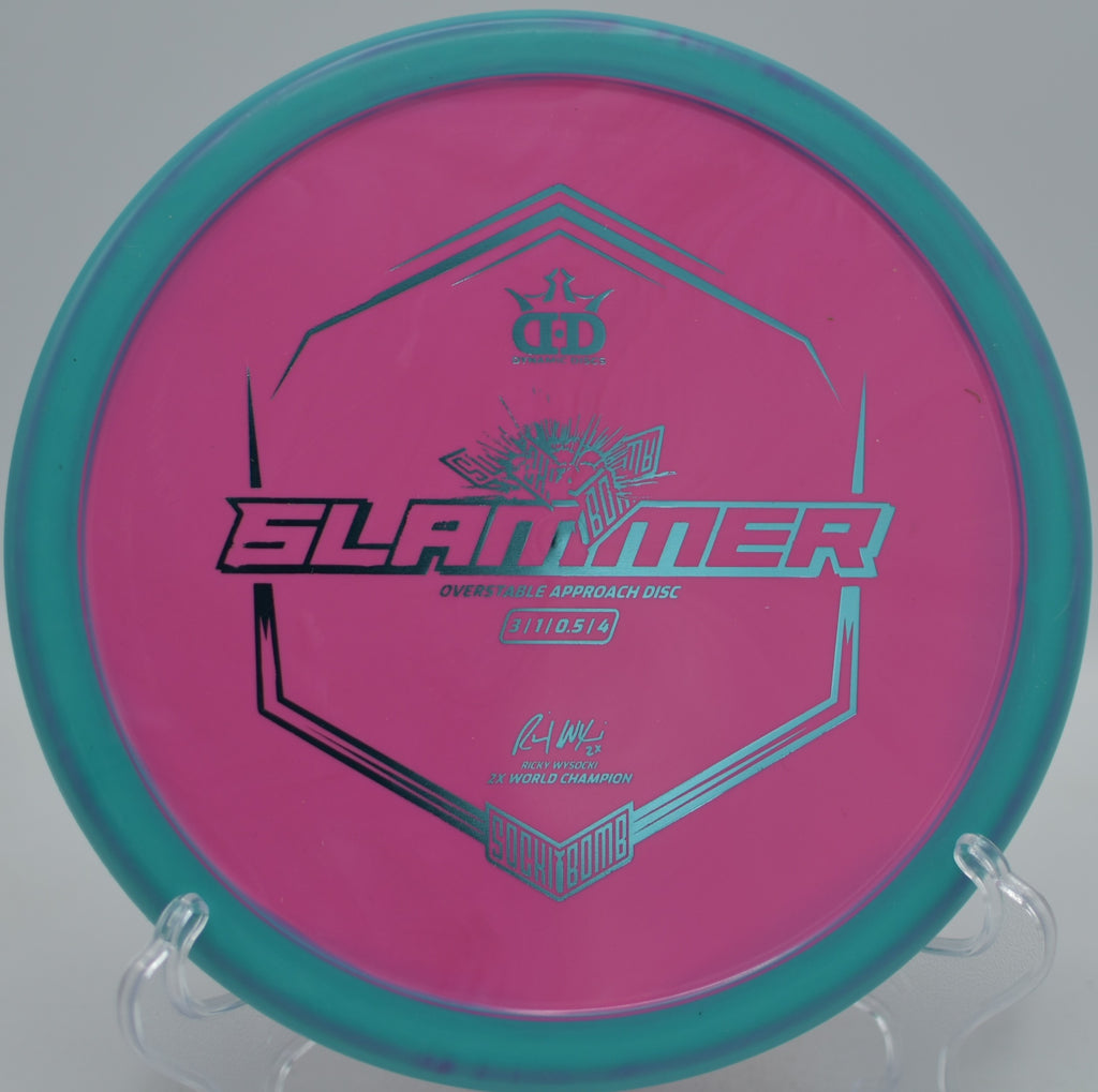 Dynamic Discs Sockibomb Slammer released on a powerful forehand approach at Emporia Country Club Disc Golf Course in Emporia, Kansas.