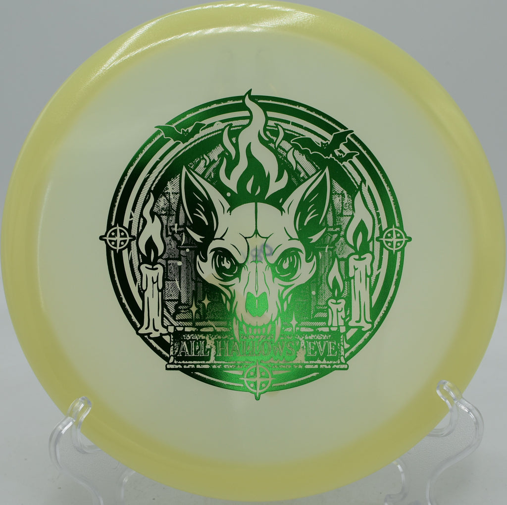 Proto-Glow Champion Fox Innova midrange carving tunnel shots at Stafford Woods Disc Golf Course in Voorhees, New Jersey.