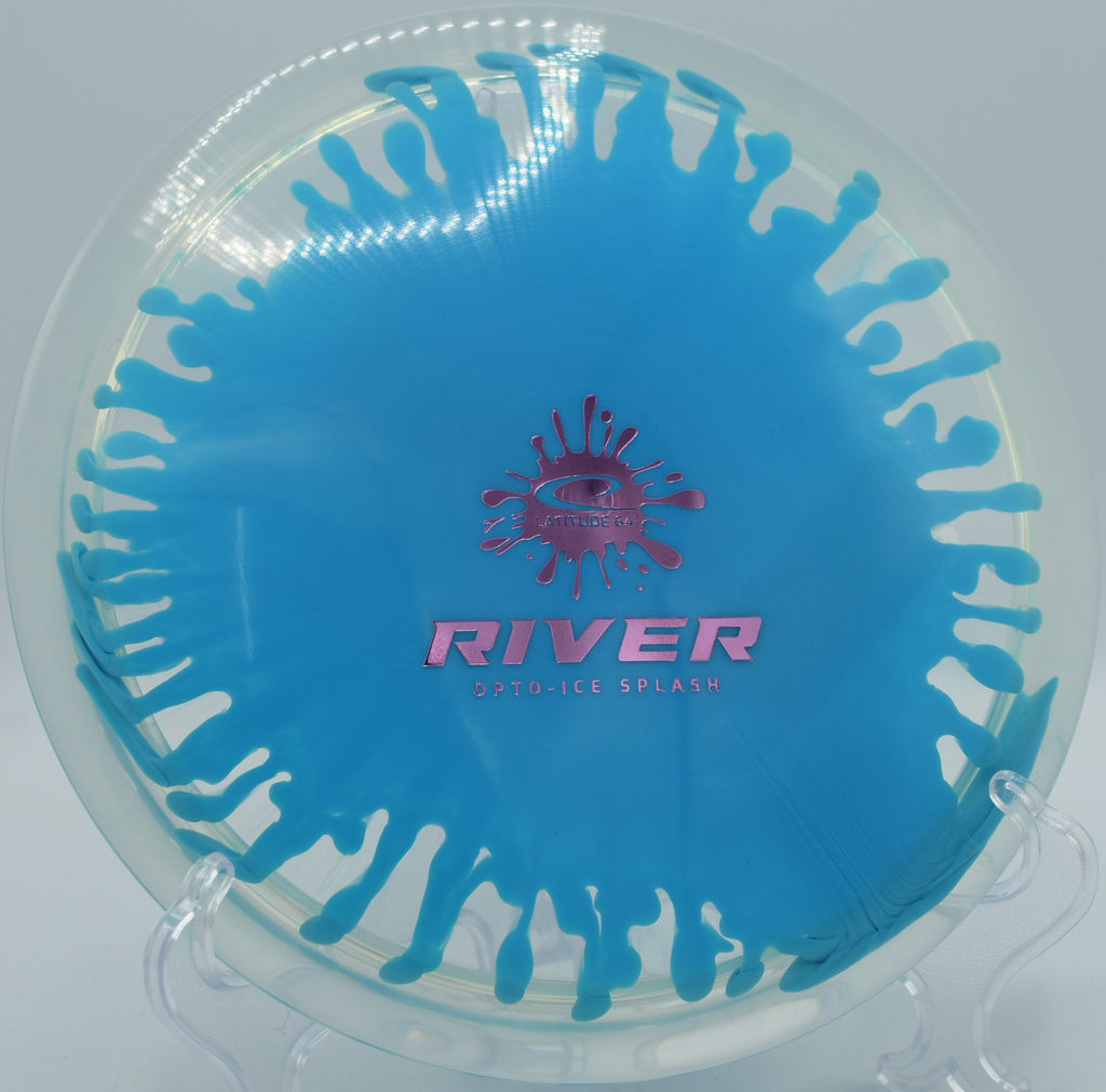 River in Opto-Ice Splash plastic flying flat over a valley shot at DeLaveaga Disc Golf Course in Santa Cruz, California, delivering high glide and neutral control.

