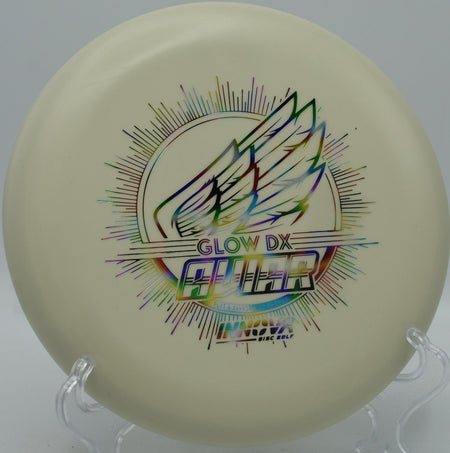 DX Glow Aviar putter resting near chains after a glidey upshot at Riverbend Park Disc Golf Course in Jupiter, Florida